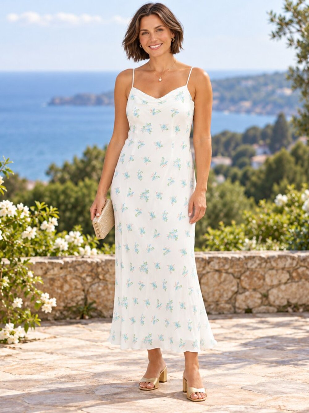 French Connection Ivory Floral Cowl Neck Midi Dress Size 12 NWT